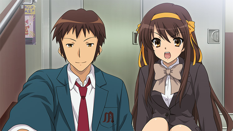 Suzumiya Haruhi et Kyon dans La mélancolie de Haruhi Suzumiya.