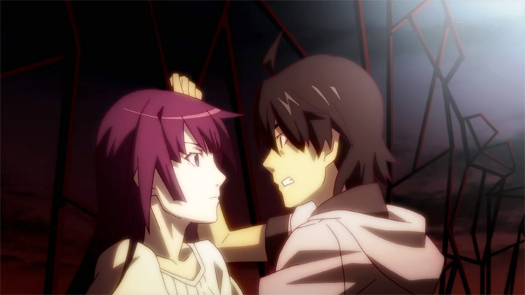 Hitagi Senjougahara et Koyomi Araragi de l'anime Bakemonogatari.