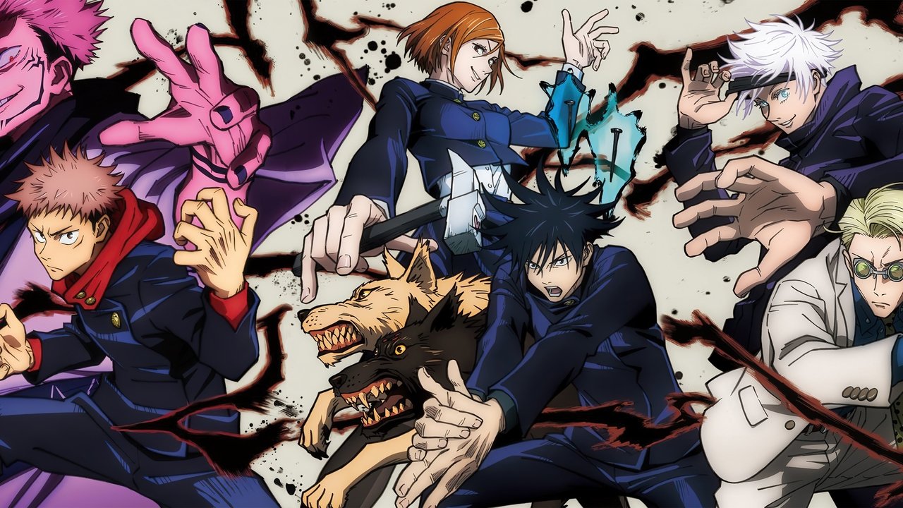 Illustration officielle des personnages principaux de Jujutsu Kaisen en style anime japonais